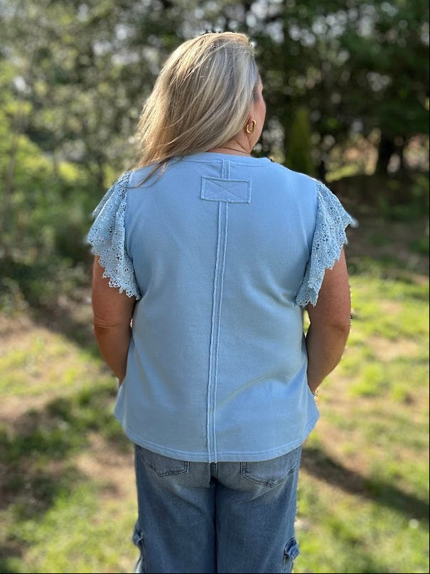 Light Blue American Flag Lace Sleeve Washed Tee