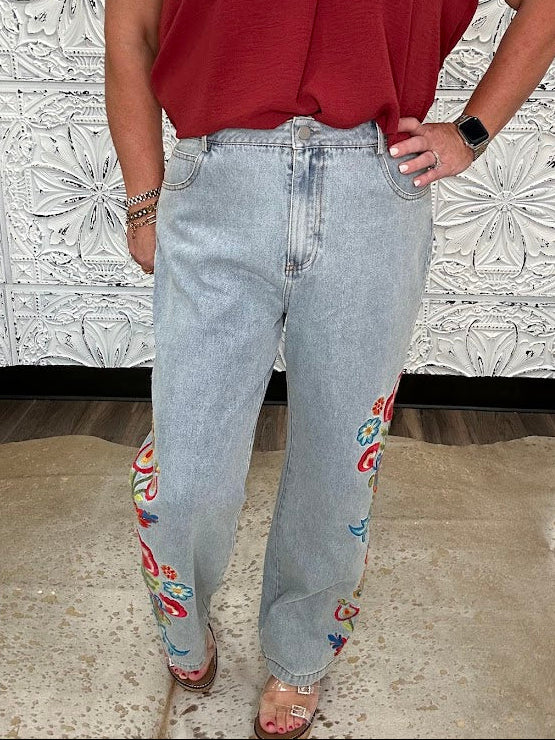 Light Wash Embroidered Floral Wide Leg Denim Pants