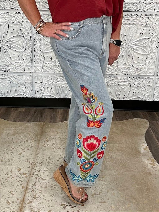 Light Wash Embroidered Floral Wide Leg Denim Pants