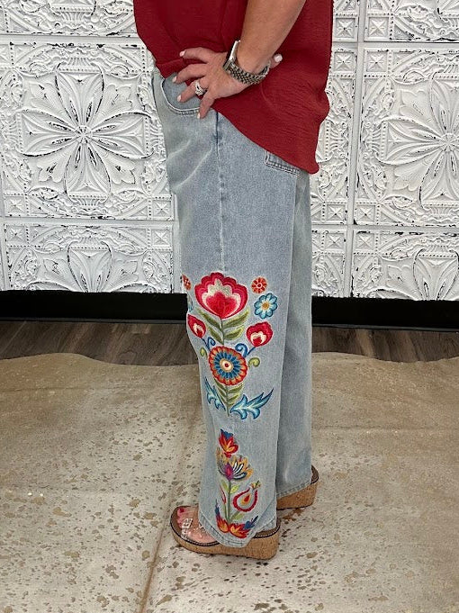 Light Wash Embroidered Floral Wide Leg Denim Pants