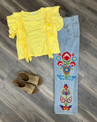 Light Wash Embroidered Floral Wide Leg Denim Pants