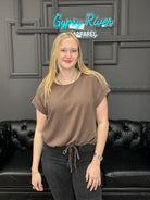 linen blend top, casual blouse, drawstring hem top, relaxed fit shirt, breathable linen top, boutique casual top, short sleeve blouse, neutral summer top, soft lightweight shirt, everyday essentials