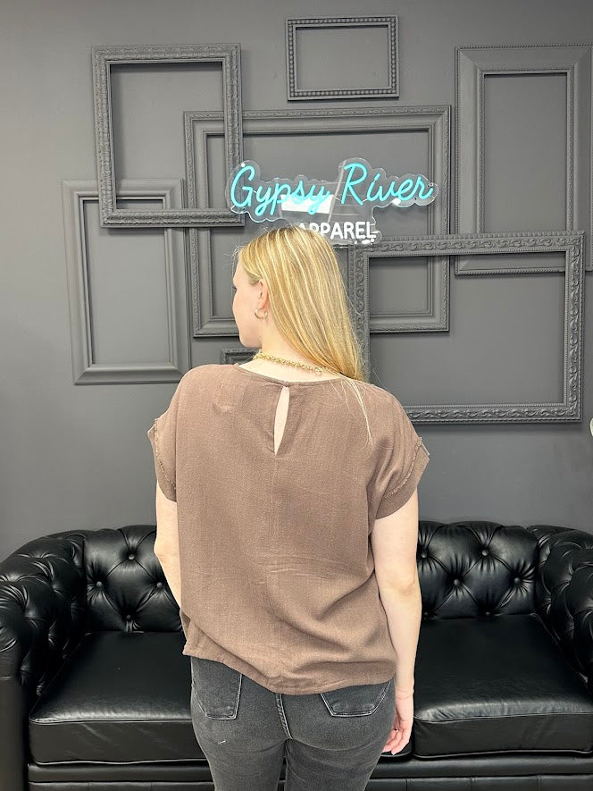 linen blend top, casual blouse, drawstring hem top, relaxed fit shirt, breathable linen top, boutique casual top, short sleeve blouse, neutral summer top, soft lightweight shirt, everyday essentials