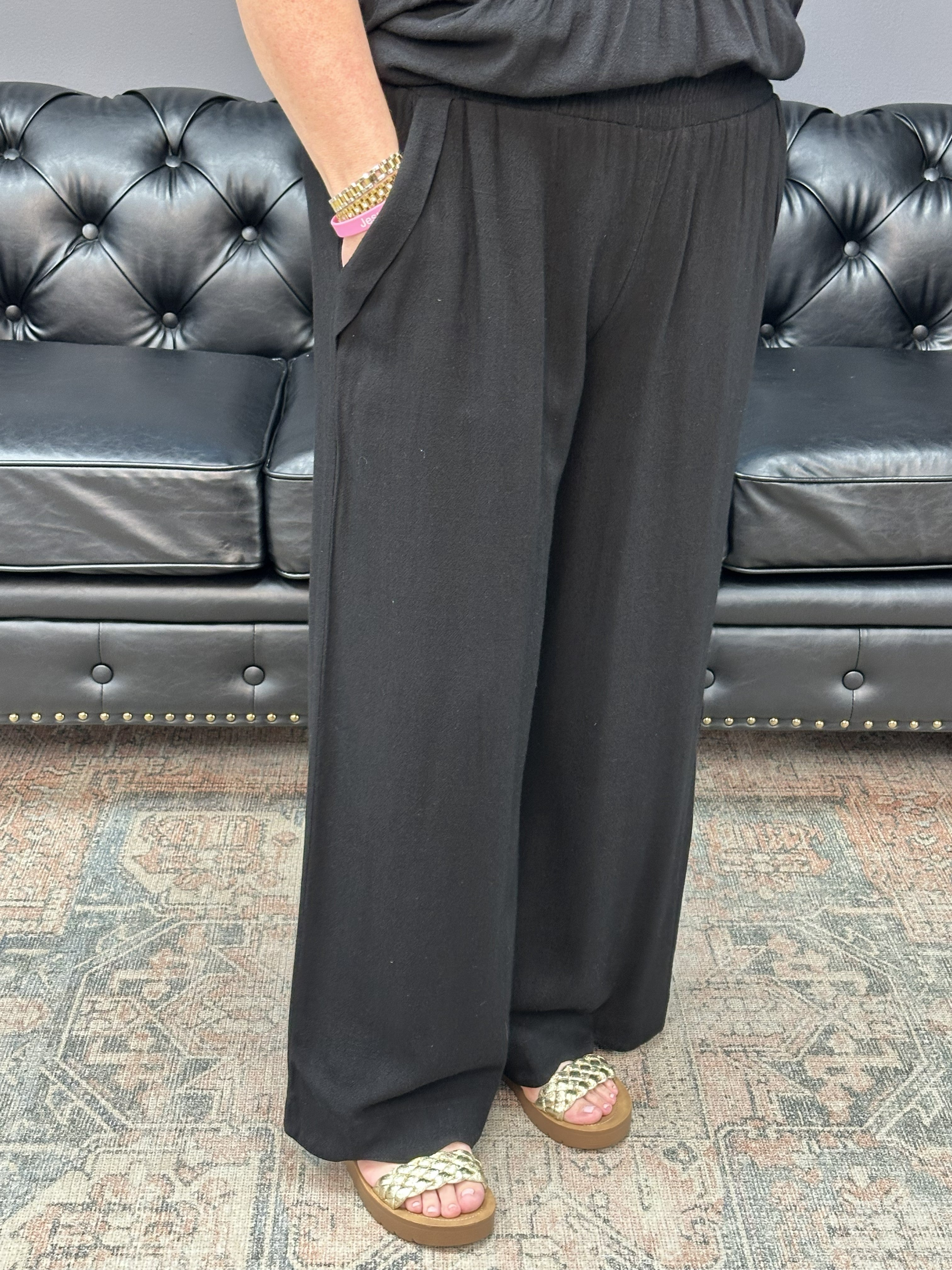 linen wide leg pants, scallop hem pants, black linen blend pants, boutique summer pants, wide leg elastic waist pants, matching set pants