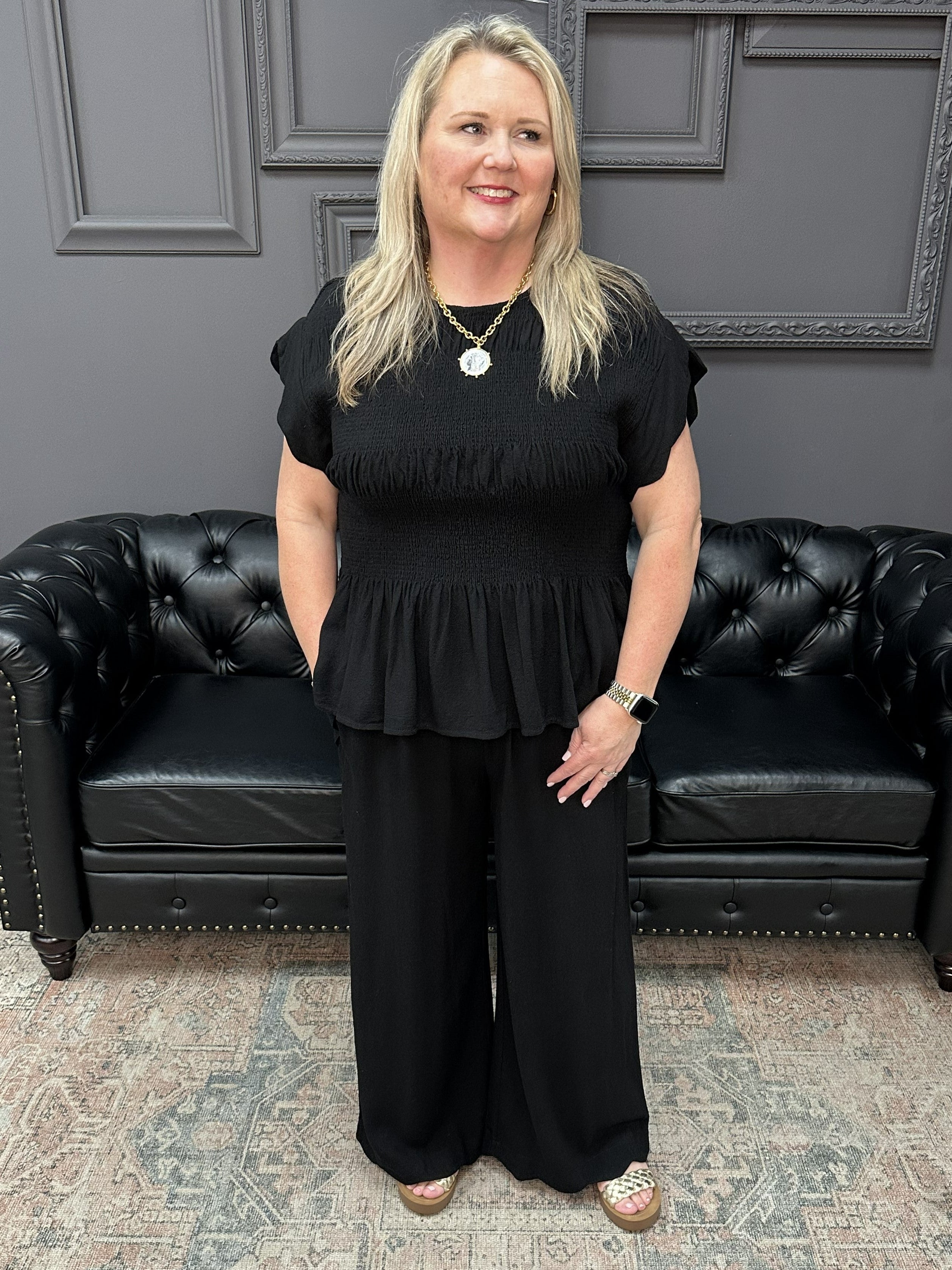 linen smocked peplum top, black linen blouse, scallop sleeve blouse, linen blend peplum top, boutique matching set top, summer linen blouse