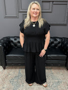 linen smocked peplum top, black linen blouse, scallop sleeve blouse, linen blend peplum top, boutique matching set top, summer linen blouse