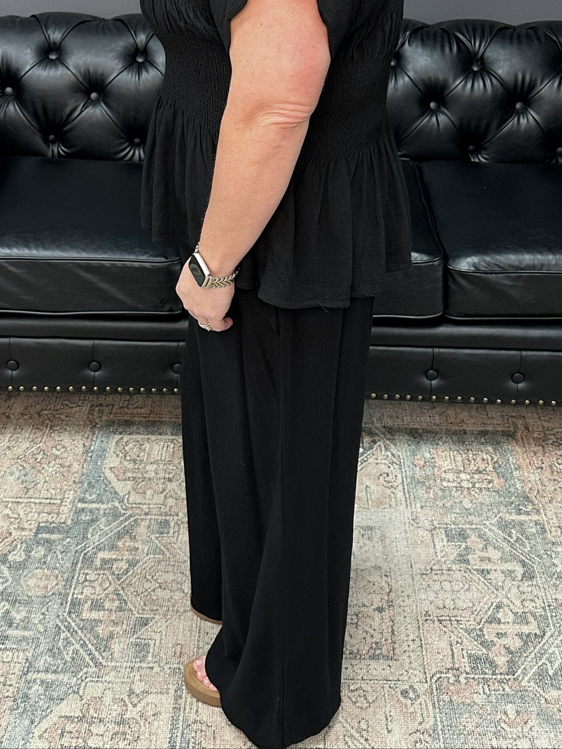 linen wide leg pants, scallop hem pants, black linen blend pants, boutique summer pants, wide leg elastic waist pants, matching set pants