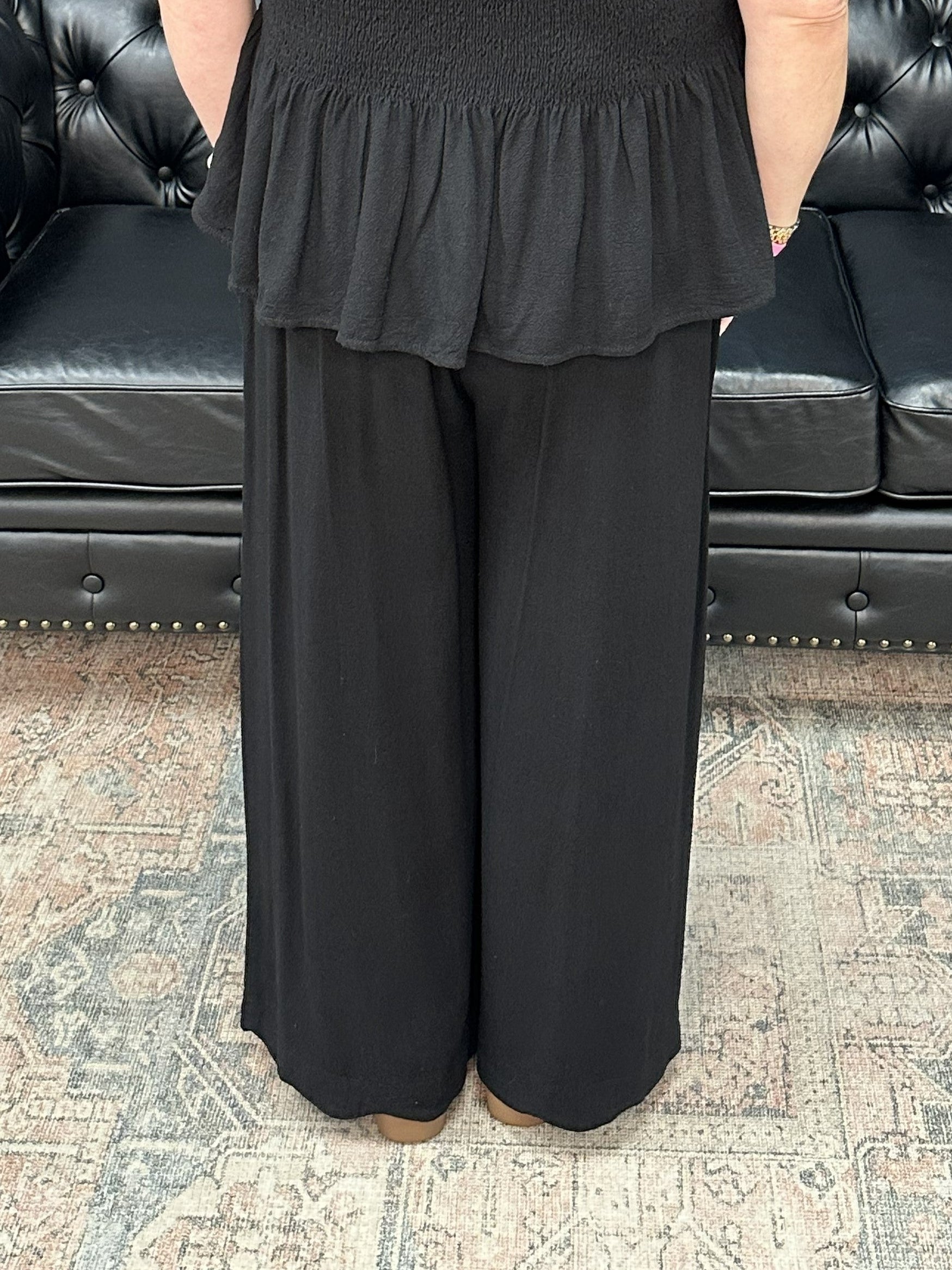 linen wide leg pants, scallop hem pants, black linen blend pants, boutique summer pants, wide leg elastic waist pants, matching set pants