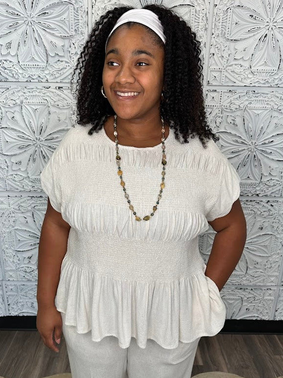 Linen Blend Smocked Peplum Top