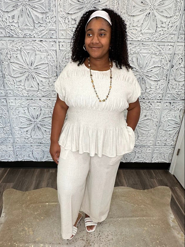 Linen Blend Smocked Peplum Top
