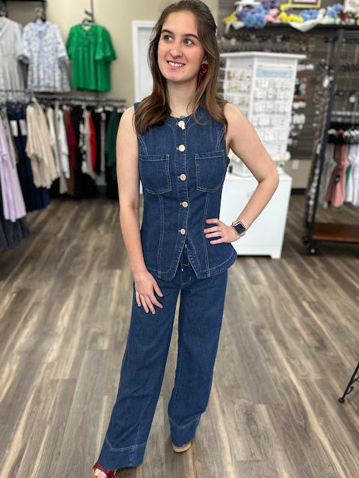 liverpool denim top, sleeveless denim blouse, premium denim top women, button front denim shirt, boutique denim top, structured denim vest women