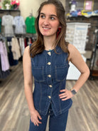 liverpool denim top, sleeveless denim blouse, premium denim top women, button front denim shirt, boutique denim top, structured denim vest women