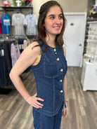 liverpool denim top, sleeveless denim blouse, premium denim top women, button front denim shirt, boutique denim top, structured denim vest women