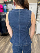 liverpool denim top, sleeveless denim blouse, premium denim top women, button front denim shirt, boutique denim top, structured denim vest women
