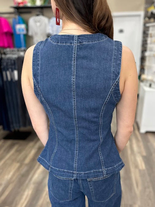 liverpool denim top, sleeveless denim blouse, premium denim top women, button front denim shirt, boutique denim top, structured denim vest women
