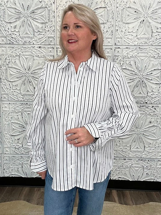 Liverpool White & Navy Striped Adjustable Sleeve Button Front Striped Woven Top