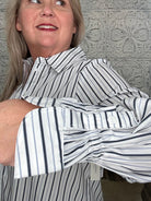 Liverpool White & Navy Striped Adjustable Sleeve Button Front Striped Woven Top