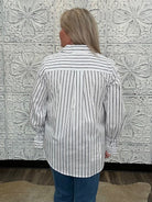 Liverpool White & Navy Striped Adjustable Sleeve Button Front Striped Woven Top
