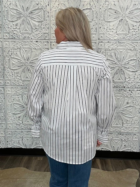 Liverpool White & Navy Striped Adjustable Sleeve Button Front Striped Woven Top