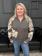 floral sweater top, half zip knit top, mock neck floral sweater, viscose blend sweater, long sleeve floral knit, patterned sleeve sweater, Gypsy River sweater, cozy floral top