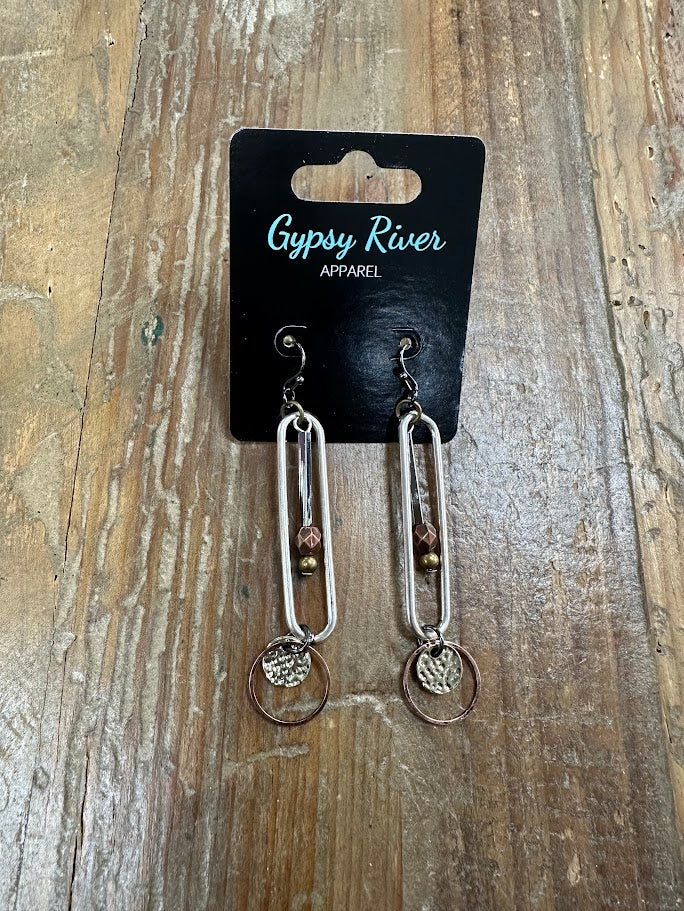 Modern mixed-metal link earrings with bead and hammered charm details. Lightweight, edgy, and perfect for everyday wear.