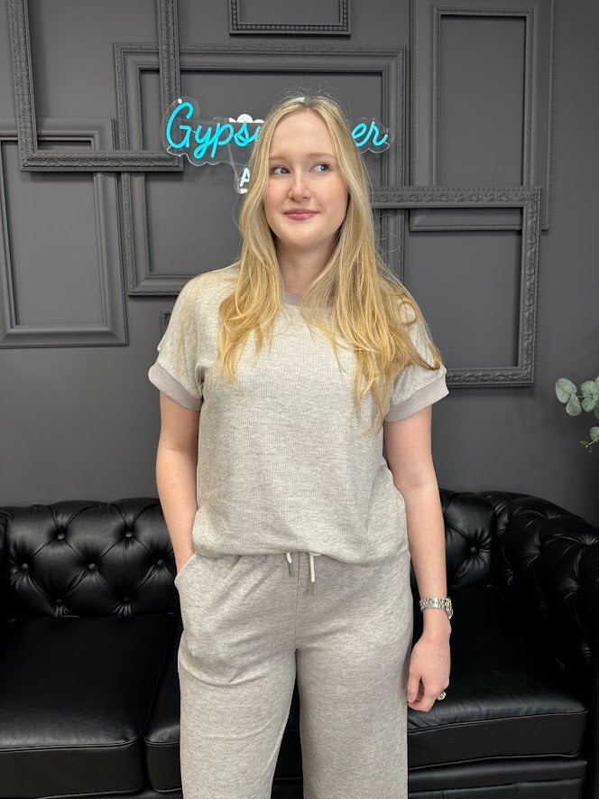 knit tee, short sleeve top, matching set top, comfy shirt, lounge top, everyday basics, soft knitwear, women’s boutique top, relaxed fit tee, casual outfit