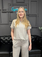 knit tee, short sleeve top, matching set top, comfy shirt, lounge top, everyday basics, soft knitwear, women’s boutique top, relaxed fit tee, casual outfit