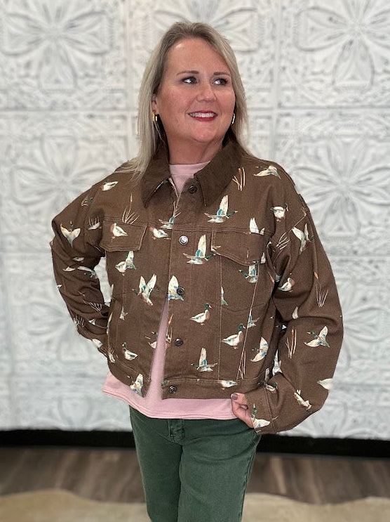 Mallard Duck Print Cropped Denim Jacket
