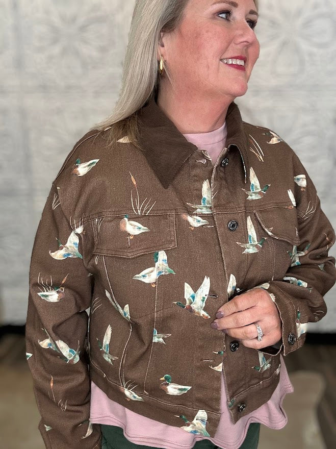 Mallard Duck Print Cropped Denim Jacket