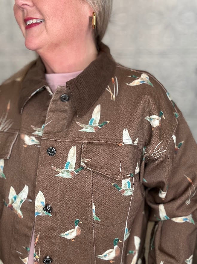 Mallard Duck Print Cropped Denim Jacket