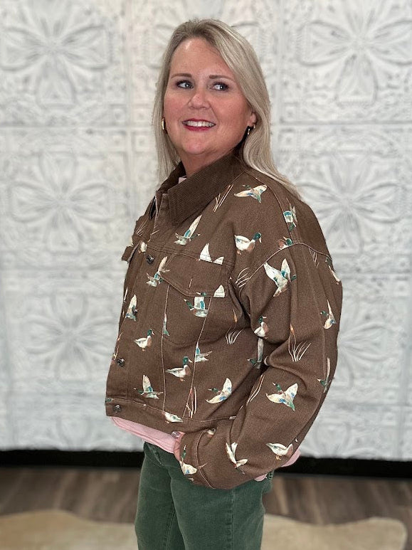 Mallard Duck Print Cropped Denim Jacket