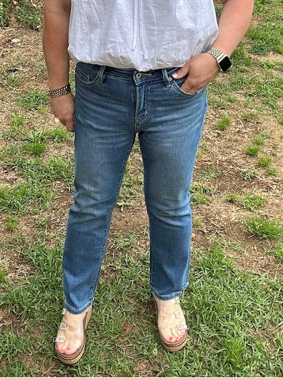 Medium Wash Mid Rise Straight Crop Jeans