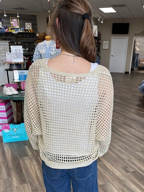 open weave sweater, metallic knit sweater, lightweight v neck sweater, airy knit pullover, boutique layering sweater, neutral knit sweater women