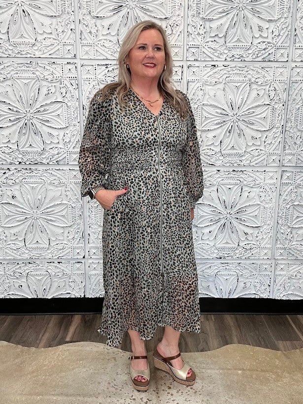 Metallic Leopard Smocked Waist Midi Dress