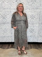 Metallic Leopard Smocked Waist Midi Dress