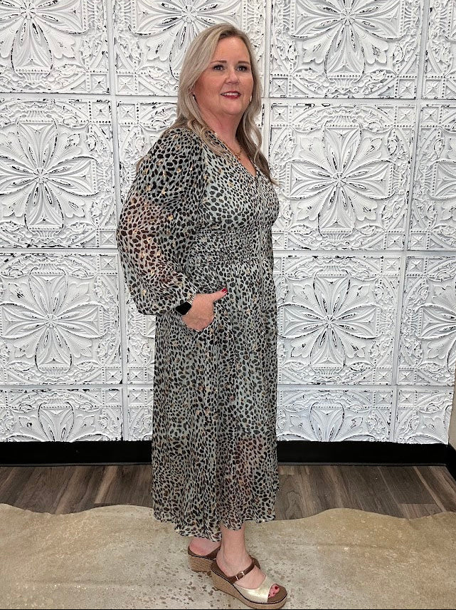 Metallic Leopard Smocked Waist Midi Dress