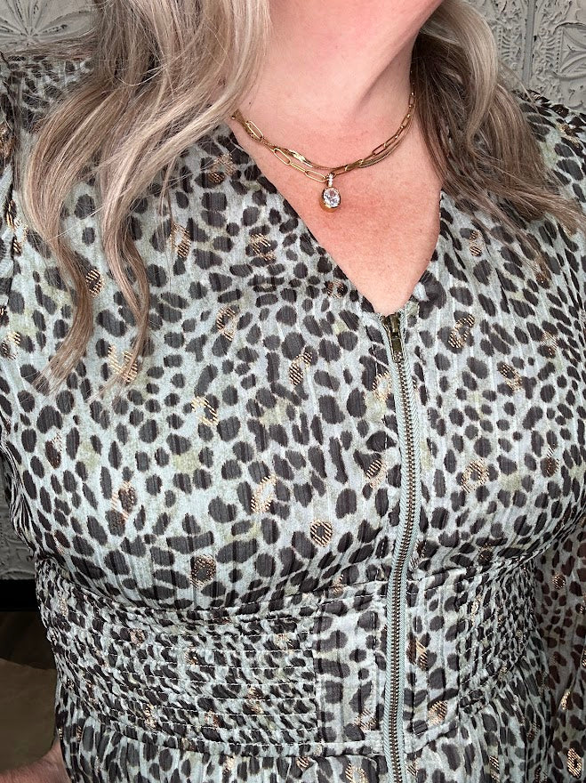 Metallic Leopard Smocked Waist Midi Dress