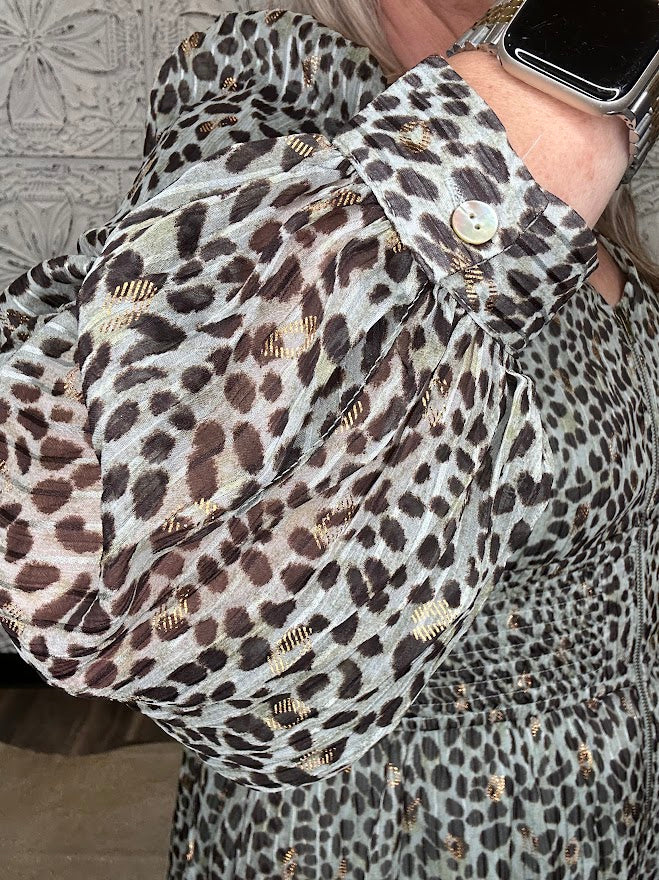 Metallic Leopard Smocked Waist Midi Dress