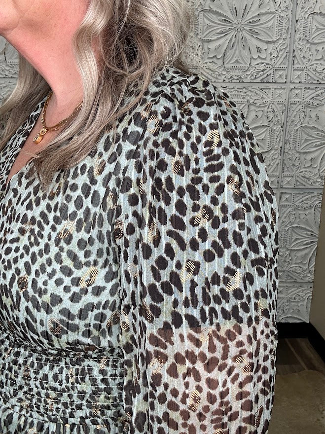 Metallic Leopard Smocked Waist Midi Dress