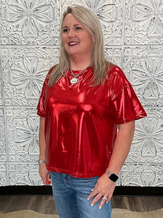 Metallic Red Short Sleeve Top