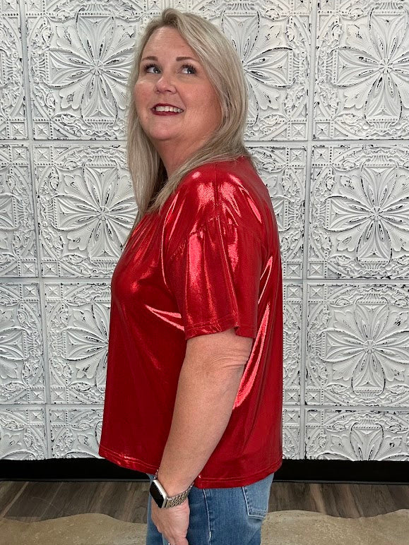 Metallic Red Short Sleeve Top