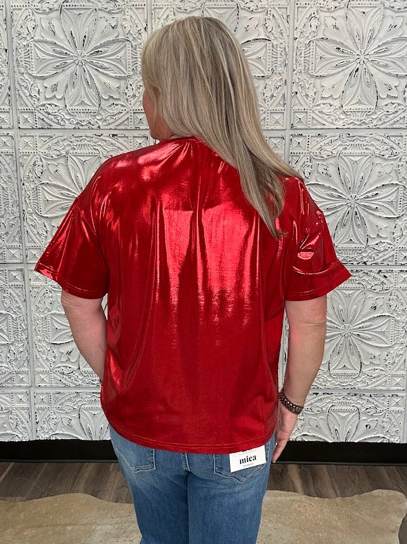 Metallic Red Short Sleeve Top