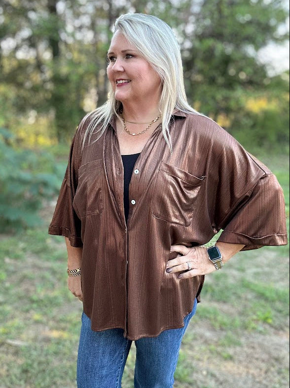 Metallic Shimmer Button-Front Top