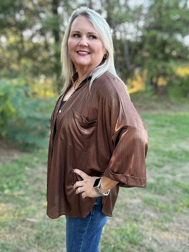 Metallic Shimmer Button-Front Top