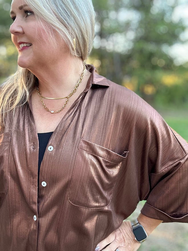 Metallic Shimmer Button-Front Top