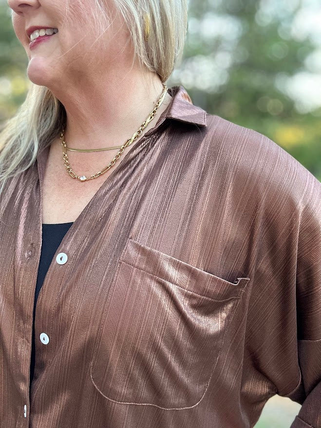 Metallic Shimmer Button-Front Top