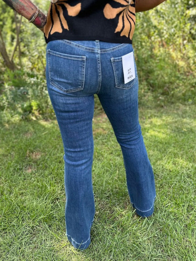 Mica flare jeans, Mica denim, high rise flare jeans, women’s flare jeans, tummy tuck jeans, Mica jeans Northport AL, flattering flare jeans, bootcut flare jeans, slim flare jeans, tummy control denim, raw hem flare jeans, western style jeans, boutique jeans, women’s boutique denim, Gypsy River jeans