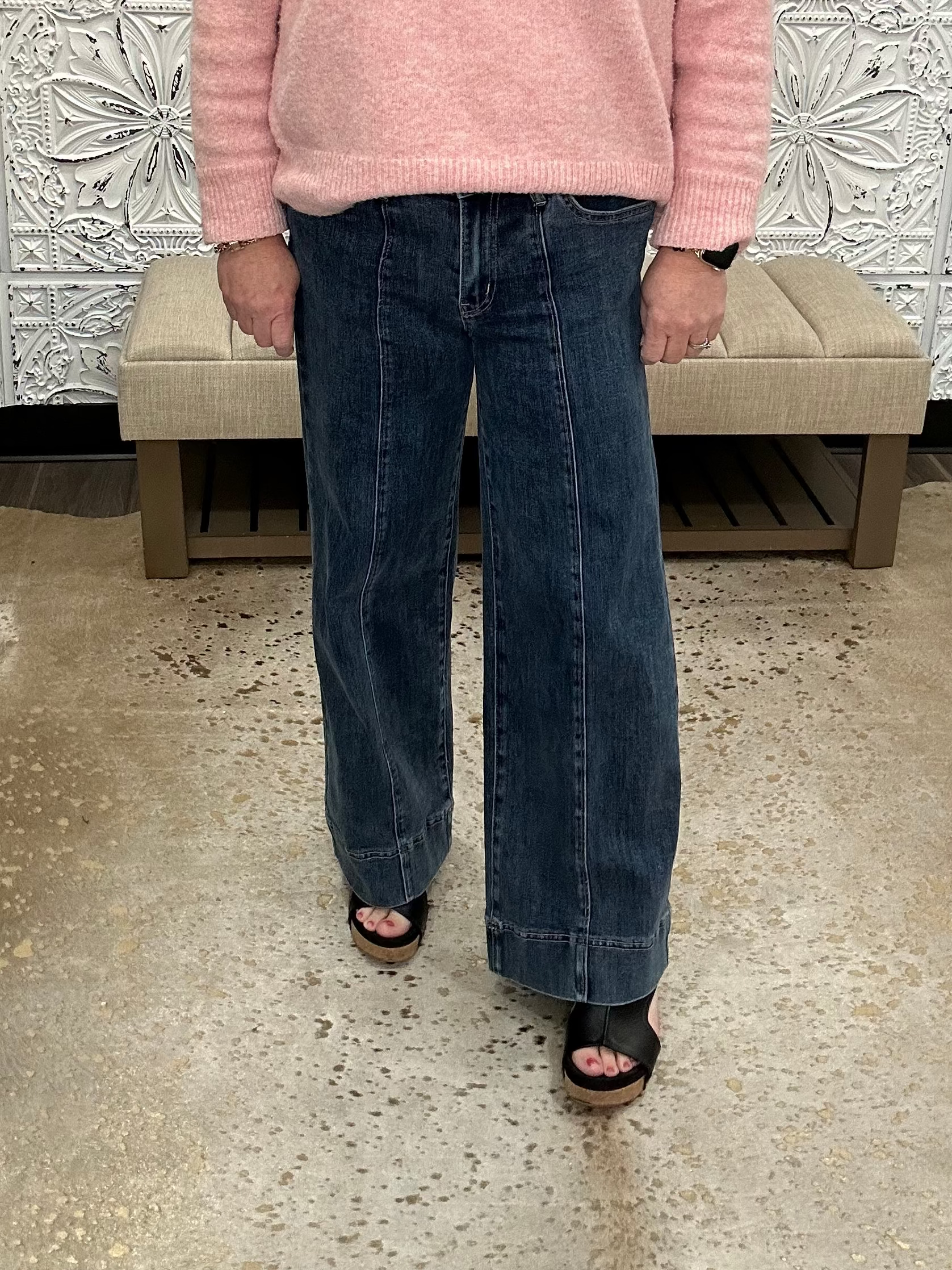 high rise jeans, wide leg jeans, front seam jeans, 29 inch inseam jeans, stretch denim, flattering wide leg denim