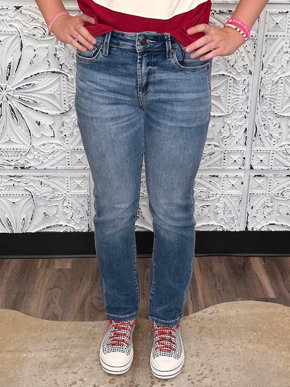 Mid-Rise Straight Ankle Jeans with Twist Pocket Detail