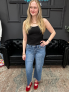 Mid rise tummy tuck cropped straight jeans with raw hem and vertical seam detail for women